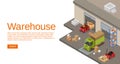 Warehouse isometric 3D vector illustration of storehouse and logistics and delivery transport