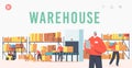 Warehouse Landing Page Template. Workers Characters Loading, Stacking Goods with Forklift. Accounting and Packing Cargo