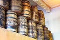 Warehouse of large wooden barrels with gunpowder Royalty Free Stock Photo