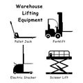 Warehouse Lifting Equipment. Black and white pictogram illustration depicting various factory warehouse lifting machines such as f Royalty Free Stock Photo