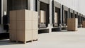 Warehouse loading docks with stacked pallets of cardboard boxes and overhead doors Royalty Free Stock Photo
