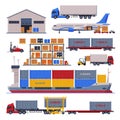 Warehouse Logistic and Delivery Set, Storage Building and Cargo Transportation Vehicles Flat Style Vector Illustration Royalty Free Stock Photo