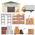 Warehouse and logistic flat vector equipment icons. Delivery truck, storage, warehouse and cargo boxes.