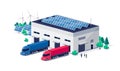 Warehouse logistic hall centre with semi truck unloading process and solar panels