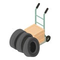 Warehouse logistic icon isometric vector. New auto tire near hand truck with box