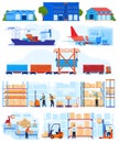 Warehouse logistic service vector illustration set, cartoon flat warehousing delivery collection with forklift, storage