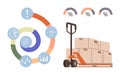 Warehouse Logistics and Data Analytics Concept with Infographic Elements and Pallet Jack Loaded with Boxes Royalty Free Stock Photo