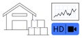 Warehouse Logistics, Data Analytics, and HD Video Concept with Graph and Storage Boxes Royalty Free Stock Photo