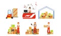 Warehouse, Logistics and Distribution, Warehouse Building, Forklift, Shelves with Goods, Professional Workers Vector
