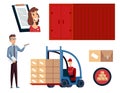 Warehouse. Logistics illustrations collection. Warehouse center, checklist, container, forklift and workers. Modern flat