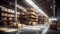 Warehouse, logistics, shelves with stacked cardboard boxes