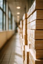 Warehouse logistics and shipping with stacked cardboard boxes in sunlit corridor Royalty Free Stock Photo