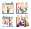 Warehouse logistics vector illustration set, cartoon flat worker people work in wholesale stockroom of storehouse Royalty Free Stock Photo