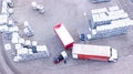 Warehouse man worker with forklift. Loading truck. Aerial Royalty Free Stock Photo