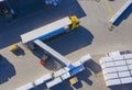 Warehouse man worker with forklift. Loading Trucks. Aerial View Royalty Free Stock Photo