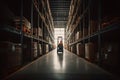 Warehouse man worker with forklift. Neural network AI generated Royalty Free Stock Photo