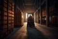 Warehouse man worker with forklift. Neural network AI generated Royalty Free Stock Photo