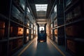 Warehouse man worker with forklift. Neural network AI generated Royalty Free Stock Photo