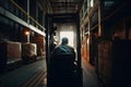Warehouse man worker with forklift. Neural network AI generated Royalty Free Stock Photo