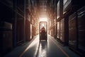Warehouse man worker with forklift. Neural network AI generated Royalty Free Stock Photo