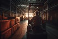 Warehouse man worker with forklift. Neural network AI generated Royalty Free Stock Photo