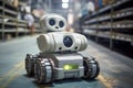 Warehouse management with automated robotics. Warehousing and technology connections using automation in product management