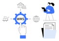 Warehouse Management System Concept with Gear Icon, Inventory, and Worker Using a Tablet Royalty Free Stock Photo