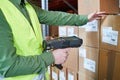 Warehouse Management System. Worker with barcode scanner Royalty Free Stock Photo