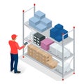 Warehouse manager or warehouse worker with bar code scanner checking goods on storage racks. Stock taking job. Flat 3d