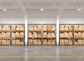 Warehouse with many racks and boxes Royalty Free Stock Photo