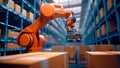 Warehouse mechanical robotic arm meticulously arranging boxes. Generative AI