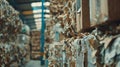 A warehouse with neatly organized stacks of recycled cardboard boxes showcasing the success of implementing a recycling