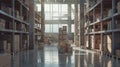 a warehouse with neatly stacked boxes in sturdy racks, highlighting the orderly arrangement and spacious layout.