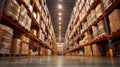 a warehouse with neatly stacked boxes in sturdy racks, highlighting the orderly arrangement and spacious layout.