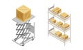 Warehouse objects set. Cardboard boxes on racks. isometric vector illustration