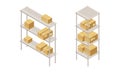 Warehouse objects set. Cardboard boxes on racks. Storage and logistic concept isometric vector illustration