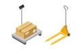 Warehouse objects set. Scales and forklift. Storage and logistic concept isometric vector illustration
