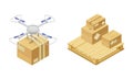 Warehouse objects set. Storage and delivery of goods isometric vector illustration