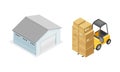 Warehouse objects set. Warehouse building and forklift truck isometric vector illustration