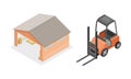 Warehouse objects set. Warehouse building and forklift truck. Storage and logistic concept isometric vector illustration