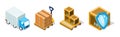 Warehouse Objects with Truck and Cardboard Box with Crates Isometric Vector Set