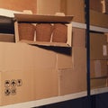 Warehouse with opened boxes of food. Theft of bread in a mail warehouse during quarantine due to coronavirus