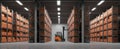 The warehouse with organized shelves and a forklift for efficient logistics. AI generated image Royalty Free Stock Photo