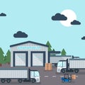 Warehouse outside industrial product transportation and storage, vector illustration. Forklift working with delivery Royalty Free Stock Photo