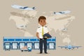 Warehouse outside, plane delievery vector illustration. Tracking package, industrial transportation and maintenance