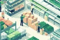 Warehouse packing center with grocery boxes and workers fulfilling orders in modern design Generative AI Royalty Free Stock Photo