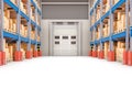 Warehouse with pallet racks full of cardboard boxes and parcels, 3D rendering