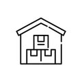 Warehouse with parcel inside. Delivery service. Pixel perfect, editable stroke