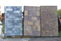 Warehouse paving slabs for laying road construction. Pavement tiles at construction site. Construction of sidewalks