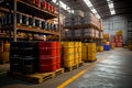 Warehouse petroleum products. Storage interior. Warehouse racks with barrels for liquids.